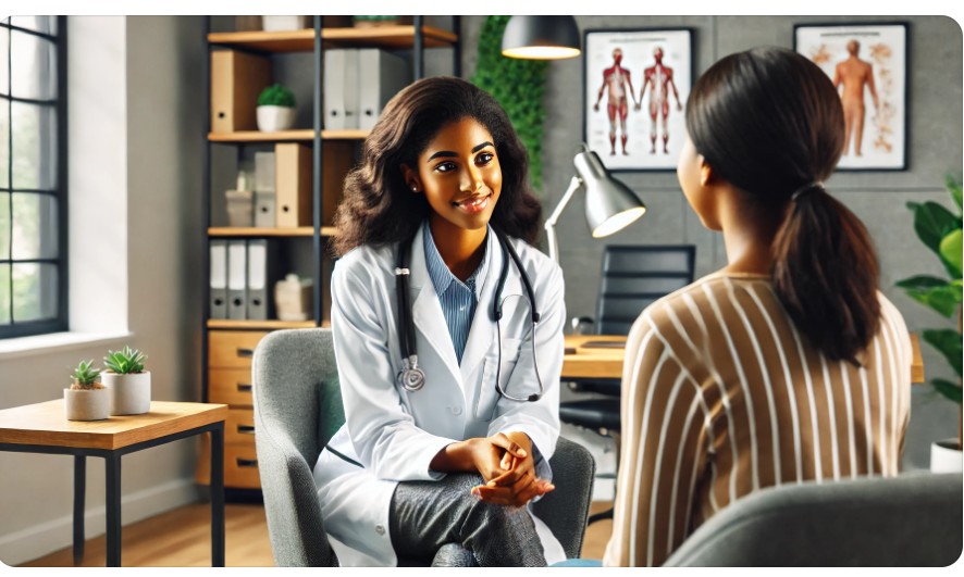 A professional setting featuring a young Black female doctor with wavy hair slicked back into a ponytail, wearing a Littmann Classic III stethoscope and a white coat, speaking warmly to a Black female patient during a medical interview. The patient, a Black woman, is seated across from the doctor, and both are visible in the frame. The modern, well-lit medical office features bright lighting, a desk, medical charts, certificates, and shelves with books and plants in the background. The atmosphere is calm, professional, and supportive, emphasizing care and empathy.